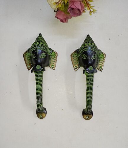 Crown Ganesha Face Door Handles Pair Brass Elephant Head door Pull Set Dec AJ184 - Picture 1 of 10