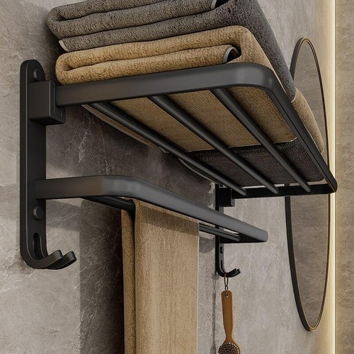 Matte Black 50cm Wall-mount Towel Holder with Hook - Folding Aluminum Towel Rack - Picture 13 of 24