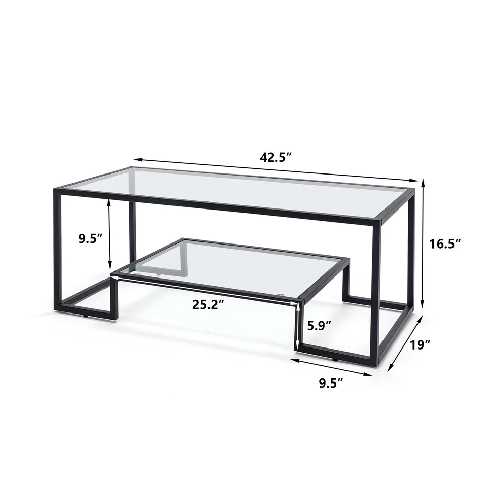 Modern Rectangle Glass Top Coffee Table Accent CocktailStorage Shelf Living Room - Image 2 of 4