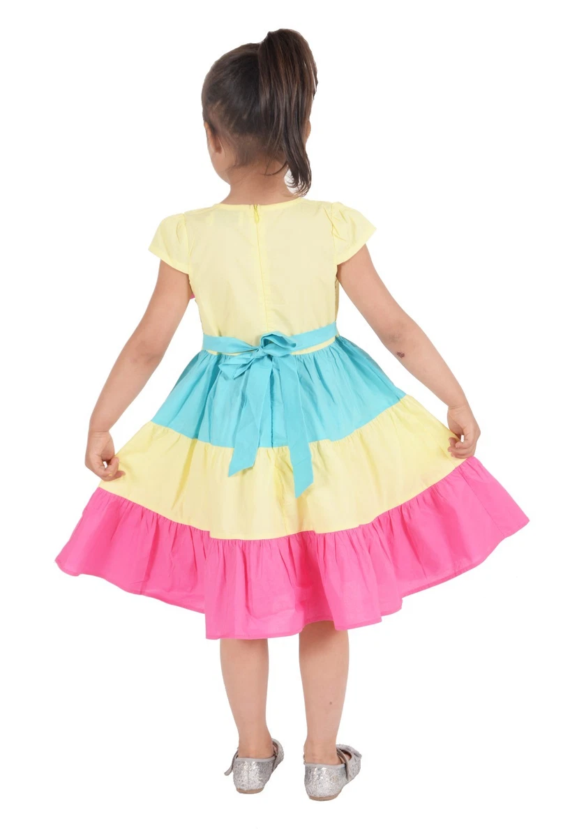 Cinda Girls Yellow Blue and Hot Pink Three Coloured Party Dress 4 5 6 7 8 Years