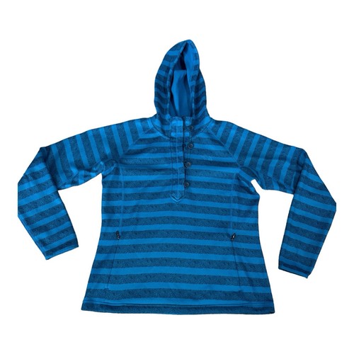 The NorthFace Hooded 1/4 Zip Sweater Women Size L Blue Stripe 1/4 Zip Button  - Picture 1 of 15