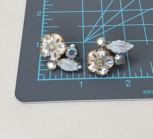 Vintage Coro Flower Earrings AB Rhinestones Floral Clip On Silver Tone Signed  - Picture 5 of 12