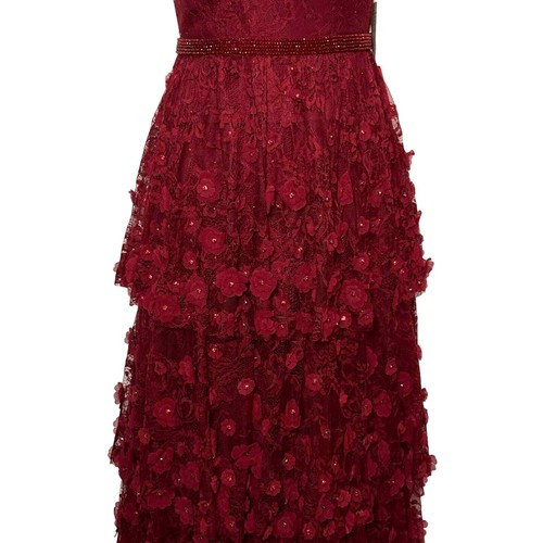 Mac Duggal Gown Dress Tiered Floral Embellished V Neck Deep Red Size 2 - 第 7/16 張圖片