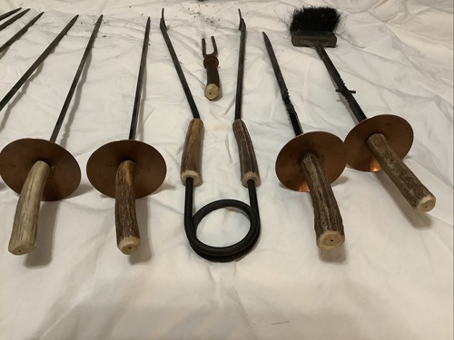 Vtg Antler Handle Fireplace Set Tools 12pc: Pokers Brush Wrought Iron W. Germany - Picture 10 of 12