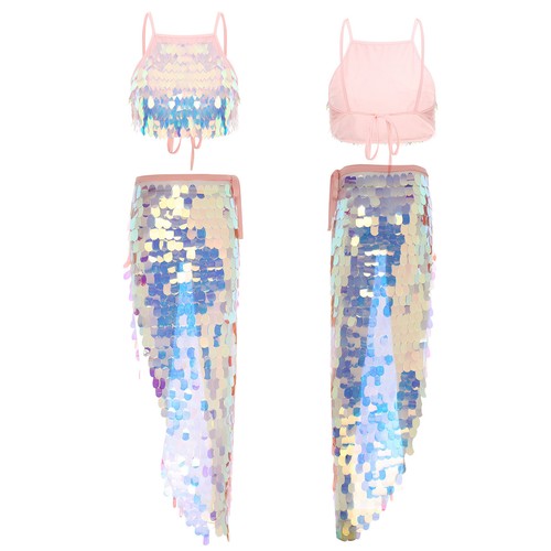 Womens Costume Bodycon Dancewear Side Split Outfits Blouse Crop Top Maxi Pool - Picture 16 of 37