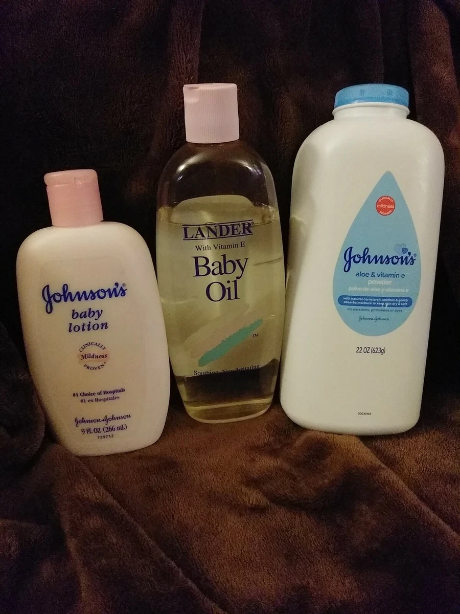 Johnson's 22oz Baby Powder, Johnson's 9oz Baby Lotion & Lander 12oz Baby Oil.