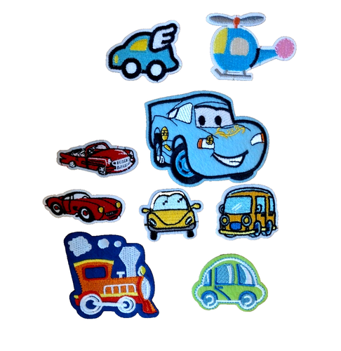 Cars Patch Set of 7 Iron On Embroidered Train Helicopter Flying Wing Buggy - Picture 2 of 7