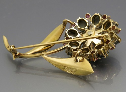 DISEÑO MADURO - BROCHE DE PIEDRAS PRECIOSAS ANTIGUAS - ORFEBRERÍA - ORO 750 - Imagen 6 de 9