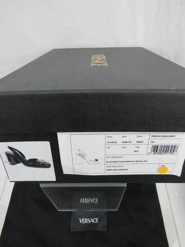 NIB VERSACE BLACK PATENT LEATHER GOLD MEDUSA LOGO SANDALS HEEL PUMPS 38.5 8.5 - Picture 12 of 12