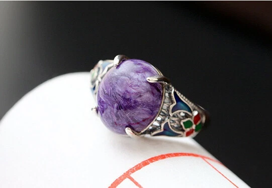 Anello D10 Lilla Charoite Pietra Sogno Siberiano 925 Argento Sterling Regolabile - Immagine 3 di 4
