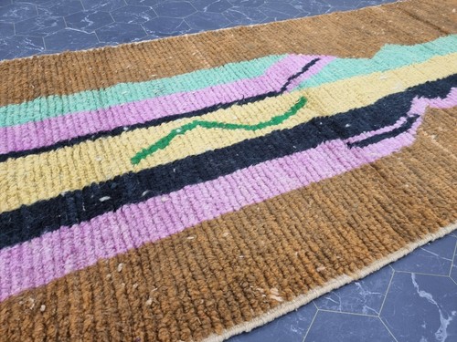 Moroccan Boujaad Handmade Rug 2'7"x13'4" Berber Abstract Brown Yellow Wool Rug - Picture 7 of 12