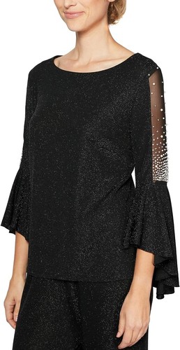 Alex Evenings Women's Petite Metallic Knit Blouse, Black Bell Sleeve, XLP
