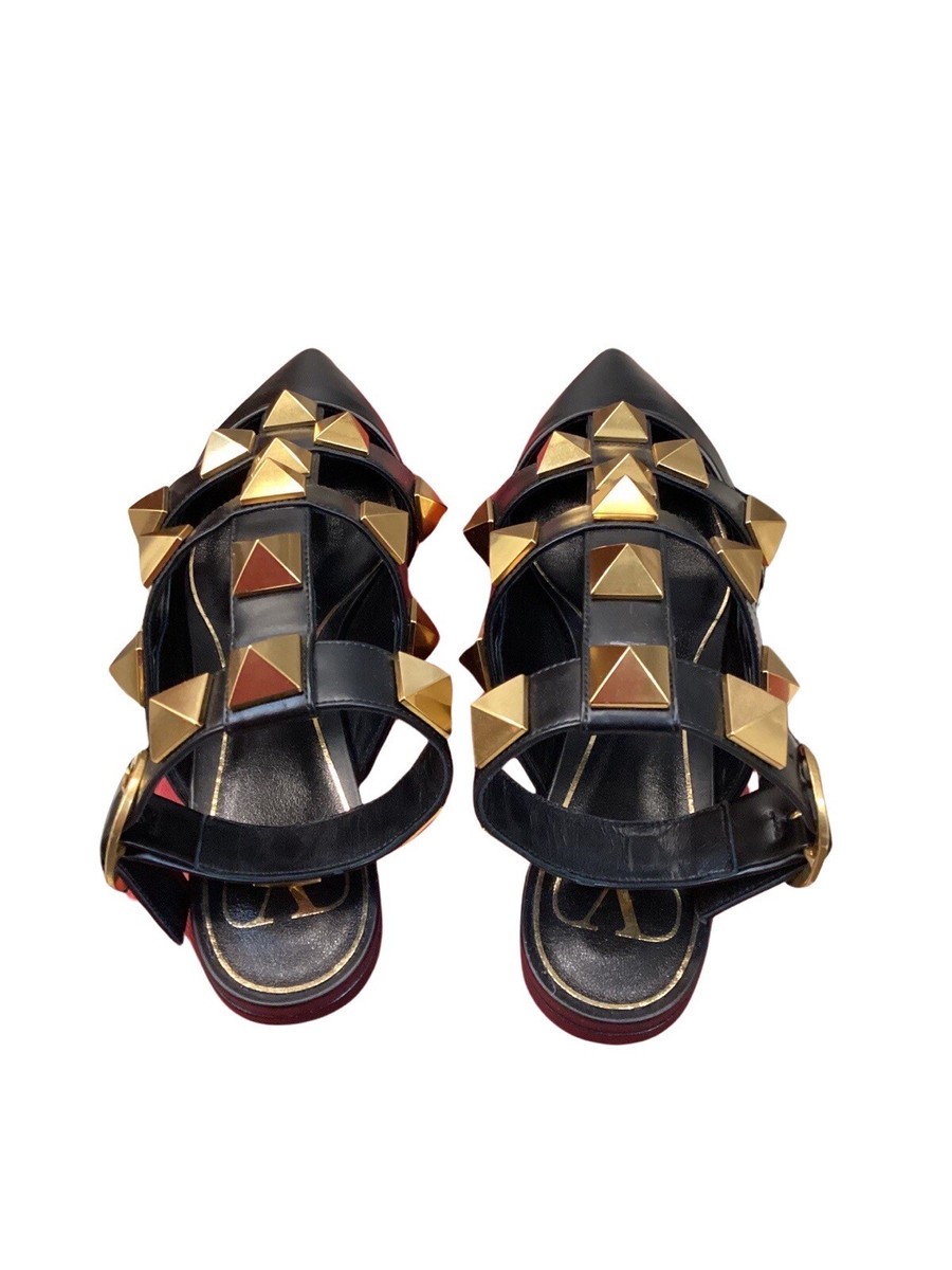 Valentino Black and Gold Roman Stud Leather Ankle Strap Flat
