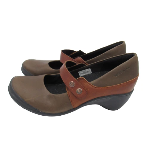 Merrell Womens Size 6.5 Mary Jane Heels Brown Leather Pumps Select Grip Wedges