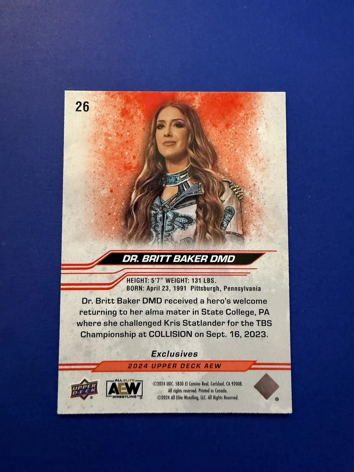 2024 AEW Wrestling Dr Britt Baker D.M.D. #26 UD Exclusives Red SP 068/100 WWE - Image 2 of 3