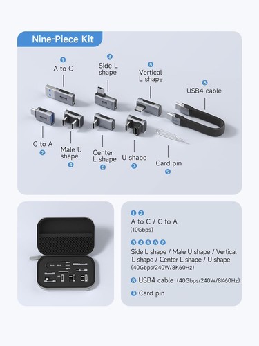 Zestaw adapterów USB C, 40 Gbps 240W 8K @ 60Hz Typ C Zestaw kabli szybkiego ładowania Przechowywanie... - Zdjęcie 3 z 11