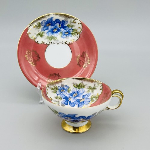 Vintage Tea Cup & Saucer Blue Pink & Gold Floral Footed Cup - Picture 5 of 18
