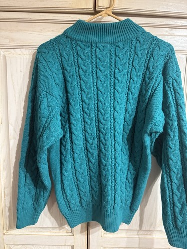 VTG Carriage Court Chunky Cable Knit Fisherman Sweater Size M Crew Neck Teal - Picture 7 of 7