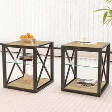 A set of 2 modern bedside tables with tempered glass and natural wood MDF tops