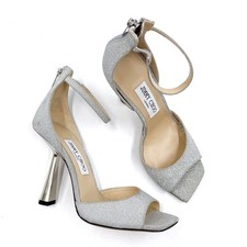 Jimmy Choo Reon Sandals Silver Glitter Peep Toe Heels Ankle Strap Sz 38 / 8