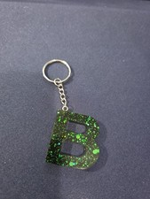 Initial New Block Letter B Resin Black W Green Sparkle Key Chain