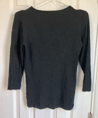Womens August Silk Black Ribbed Knit Top Size Small 3/4 Sleeves Round Neck - Picture 2 of 5