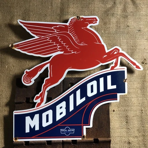VINTAGE MOBIL PEGASUS 22” PORCELAIN SIGN MOTOR OIL GAS STATION MOBILOIL