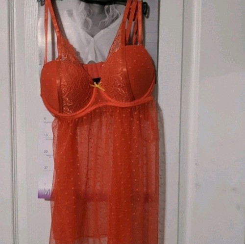 Spree Orange Mesh Polka Dot Lace Babydoll Nightie Lingerie Set Underwire Large - Picture 5 of 6