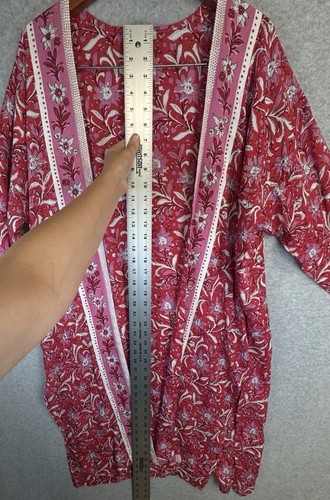 LOFT M/L Red Pink Floral Kimono Robe Open Front Lightweight Duster Beach Boho - Picture 3 of 10
