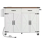White Wood 53.5 In. Kitchen Island with Power Outlet, Drop Leaf, Wheels, Spice R