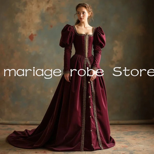 Burgundy Velvet Victorian Tudor Prom Dress Flowing Sleeve Medieval Evening Gown - 第 1/5 張圖片