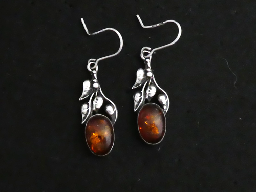 VINTAGE Stamped WC 925 Sterling silver Baltic Cabocho Floral Amber Drop EARRINGS - Picture 6 of 8