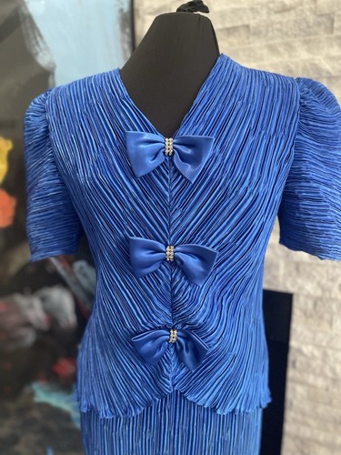 VTG Karen Laurence Crinkle Blue 2 Piece Long Skirt Jacket Set Formal Size 14 - Picture 2 of 15