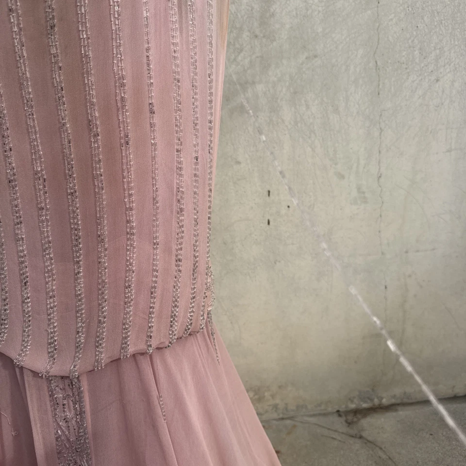 Antique 1920s Baby Pink Silk Chiffon & Beaded Dress Flapper Gown Vintage - Image 4 of 4