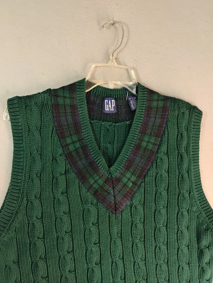 VTG Gap Mens Sweater Vest Large Green Cotton Cable Knit V Neck Preppy Pullover - Image 2 of 4