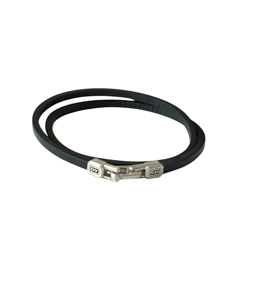 Brazalete de cuero negro David Yurman Streamline de plata de ley con doble envoltura para hombre Foto 3 de 3