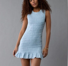 American Eagle Outfitters Dress Shirred AE Smocked Bodycon Mini Blue White S XS