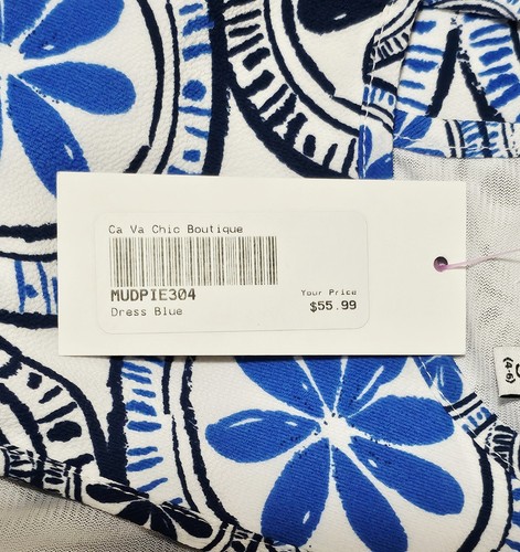 Mud Pie Etuikleid Damen blau/weiß Medaillon Print ärmellos Schlüsselloch Sm NEU - Bild 11 von 18