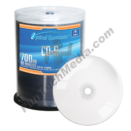 100 Optical Quantum 52x 700 MB CD-R Glossy White Inkjet HUB Printable OQCD52GWIP - Picture 1 of 1
