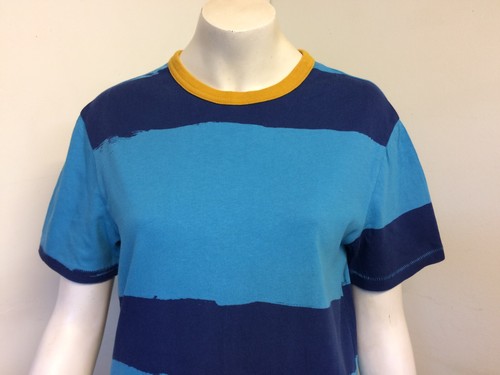 Levi'sNvay Blue & Turquoise Stripe T-Shirt Top Mustard Trim - Size Smal - Picture 2 of 4