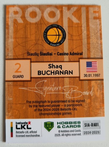 2024-25 H&C LKL Basketball Autograph Siauliai Shaq Buchanan 3/20 - Picture 2 of 2