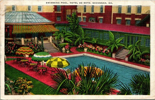 Savannah GA Swimming Pool Hotel de Soto Postcard used 1936