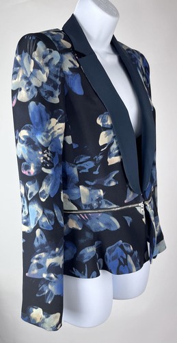 Women's Rebecca Taylor Blue Black Floral Silk Blazer Jacket Size 6 - Picture 3 of 6