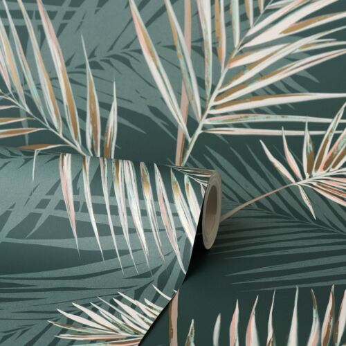 South Beach Palm Leaf Fine Decor Wallpaper Emerald Green Metallic Mica FD42679 - Picture 3 of 4