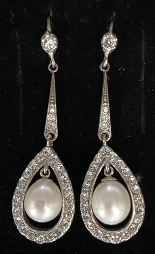 Vintage Edwardian Style Silver/9ct Pearl Drop Paste Wedding Earrings