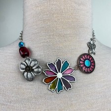 Enamel Flower, Bead, Metal Floral Chain Necklace 19.5"
