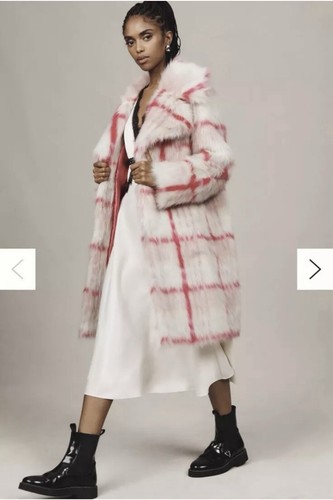NWT Anthropologie NVLT Faux Fur Long Coat Tartan Fuchsia Plaid Size Small $340 - Picture 4 of 10