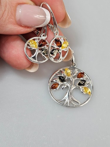 schmuck set Sterlingsilber 925 Baum des Lebens Ohrringe Anhanger Bernsteinkette - Bild 7 von 7