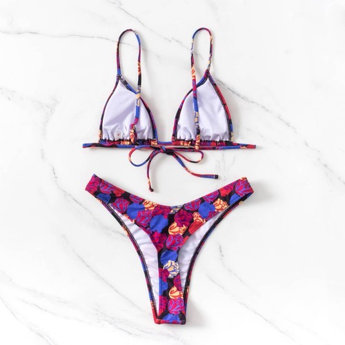 Sexy Women Micro Bikini Set Swimwear Lace Up Floral Thong Beachwear Swimsuit - Picture 3 of 11