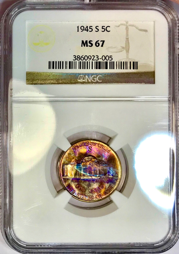 1945-S Jefferson Silver Nickel NGC MS67 Vibrant Vivid Color Rainbow Toned - Picture 6 of 6